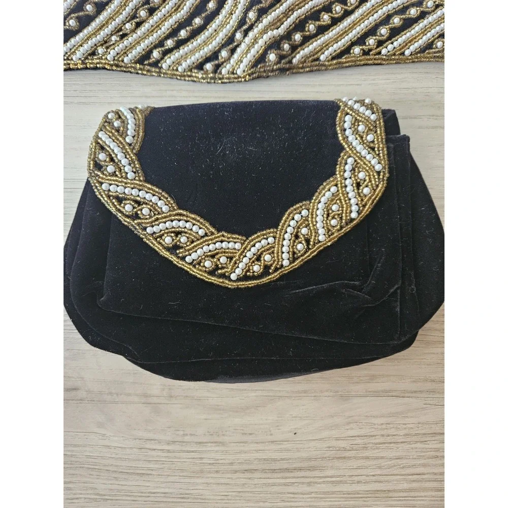Vintage Handcrafted Zardozi‎ Black Velvet Clutch and Belt Set Gold Pearl India
